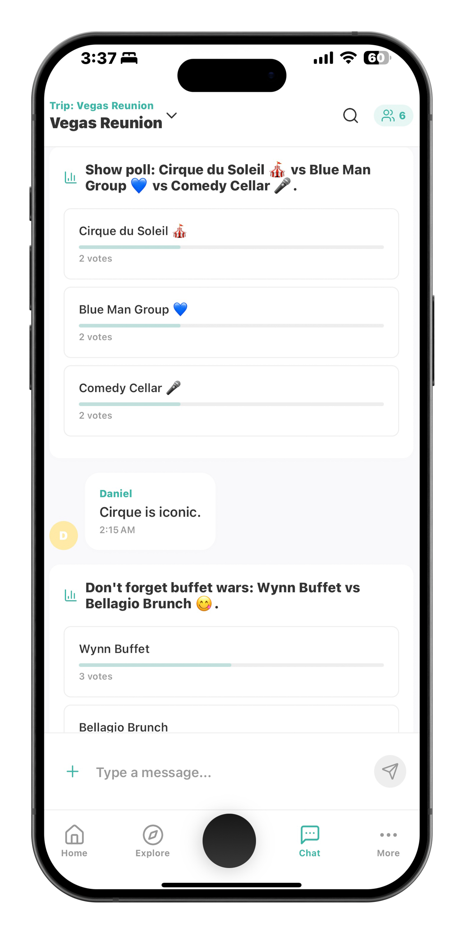 Vegas show poll results and additional Wynn Buffet vs Bellagio Brunch poll with group member feedback